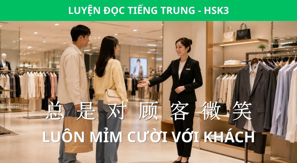 Luyện Đọc HSK 3: Nhân viên luôn mỉm cười với khách 1 nhân viên luôn mỉm cười với khách