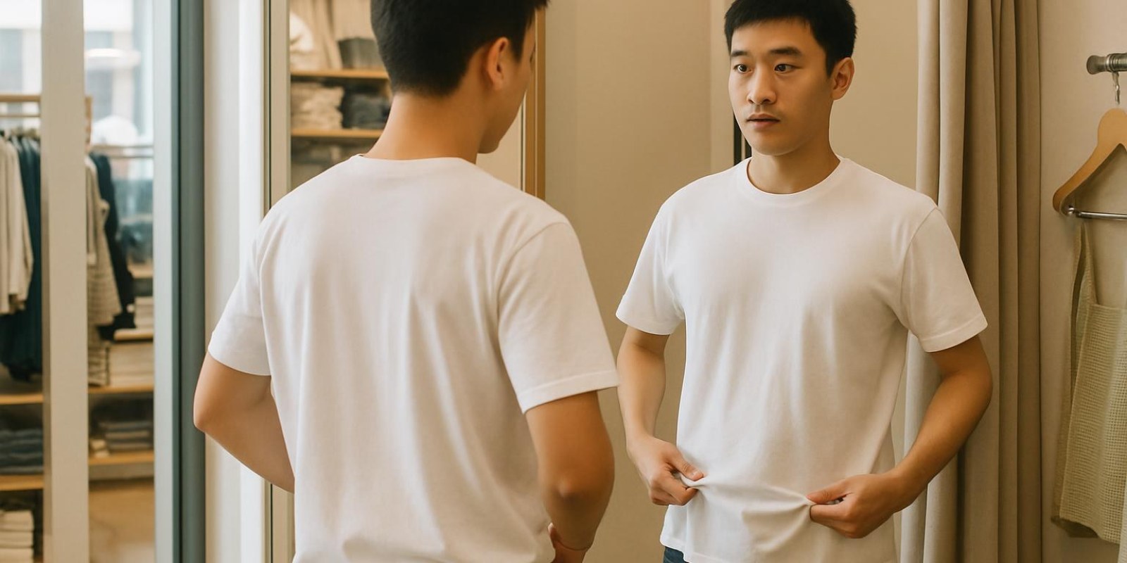 Áo thun tiếng Trung là gì: cách nói, từ vựng và ứng dụng thực tế 3 Người mua đang thử một chiếc áo thun trước gương trong phòng thử đồ của cửa hàng, khung cảnh tự nhiên
