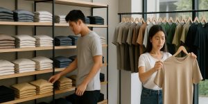 Cửa hàng quần áo hiện đại trưng bày nhiều áo thun gấp ngăn nắp trên kệ, ánh sáng tự nhiên