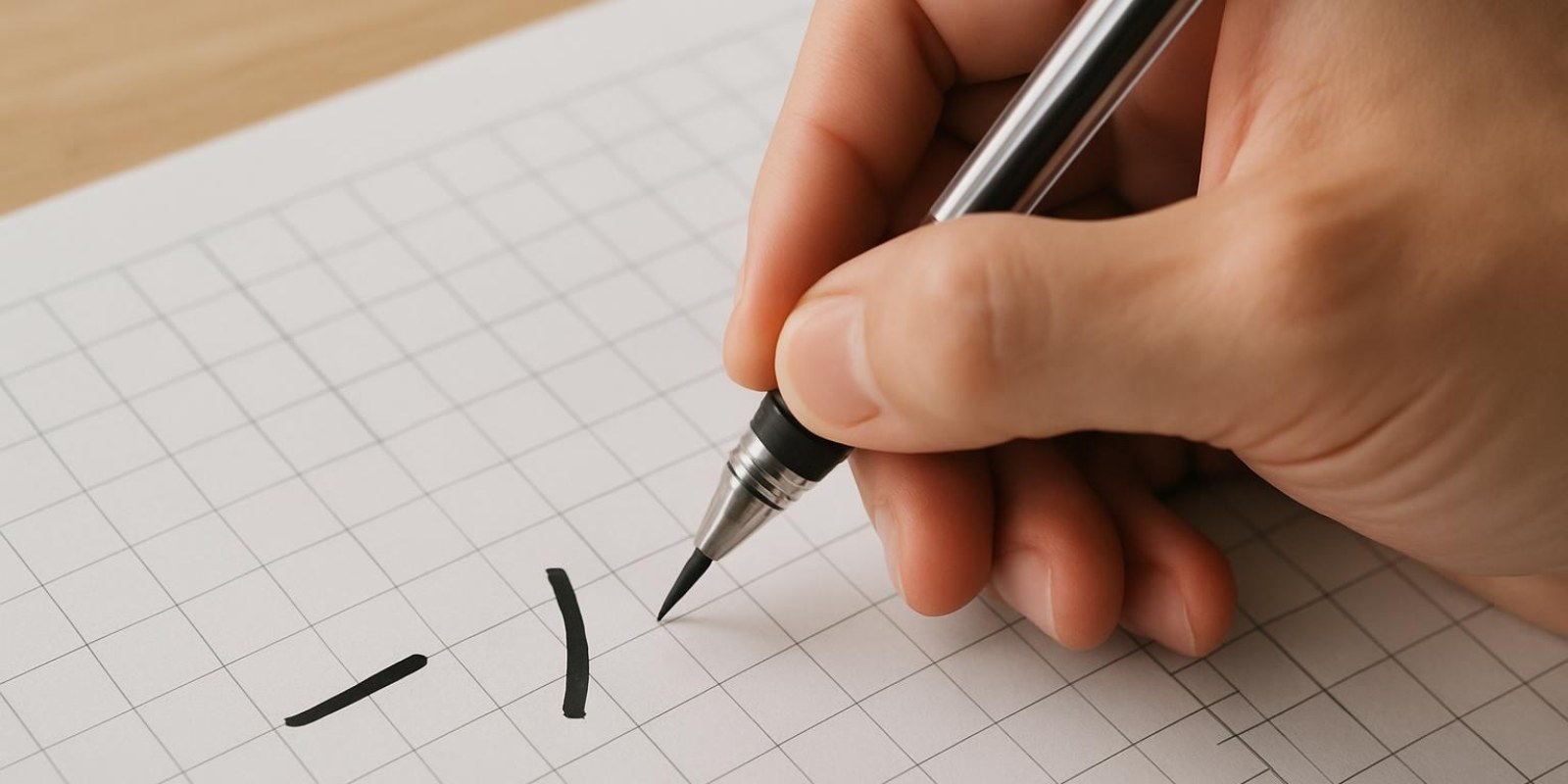 Bàn tay cầm bút đang vẽ một nét ngang và một nét phẩy trên giấy kẻ ô, chỉ thấy tay và dụng cụ, không chữ
