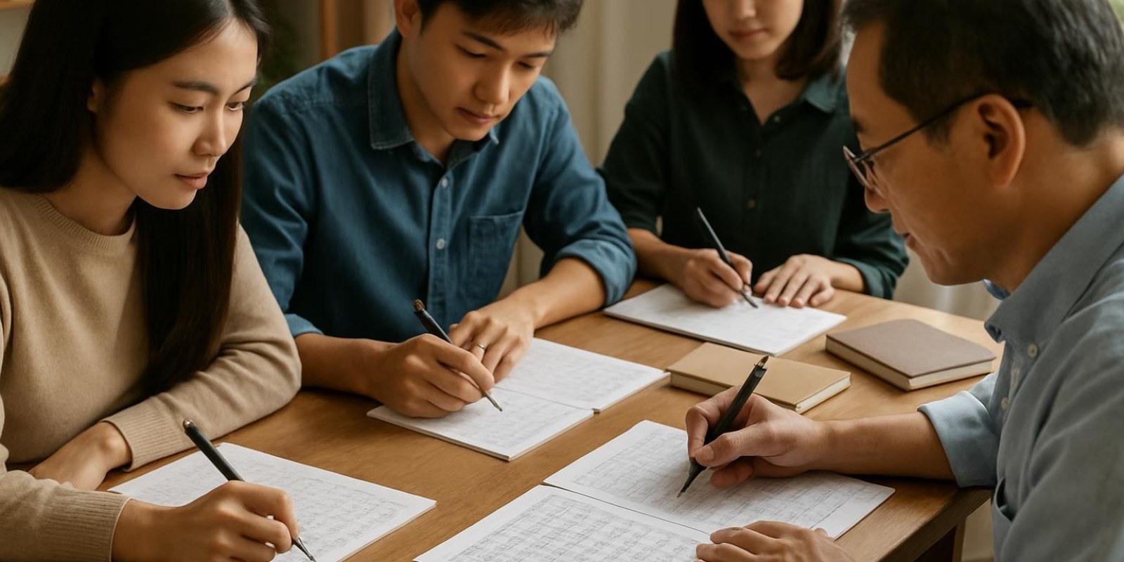 Nhóm học sinh thực hành viết trên bàn với sách và giấy kẻ ô, chỉ nhìn thấy tay và dụng cụ học, không chữ rõ ràng trên trang