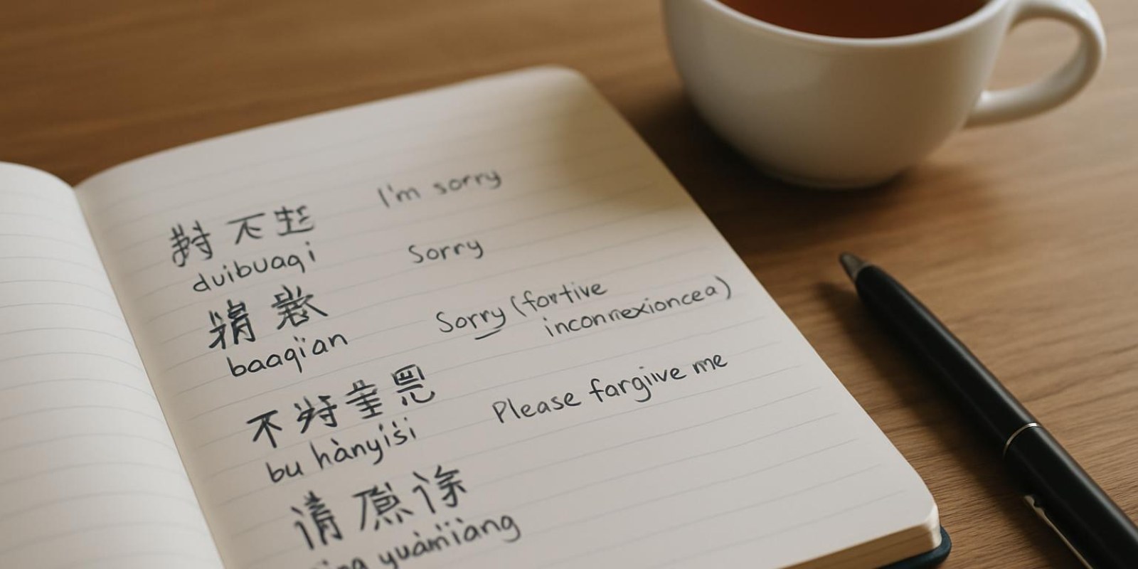 Cách nói xin lỗi tiếng Trung: Hướng dẫn chi tiết từ cơ bản đến thực tế 2 Một bảng từ vựng mở sổ tay tiếng Trung với các từ xin lỗi viết bằng bút, kèm phiên âm
