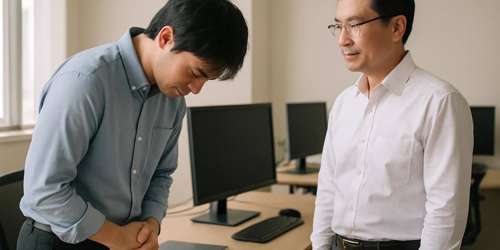 Cách nói xin lỗi tiếng Trung: Hướng dẫn chi tiết từ cơ bản đến thực tế 3 Hai đồng nghiệp văn phòng trao đổi, một người xin lỗi trang trọng trước máy tính