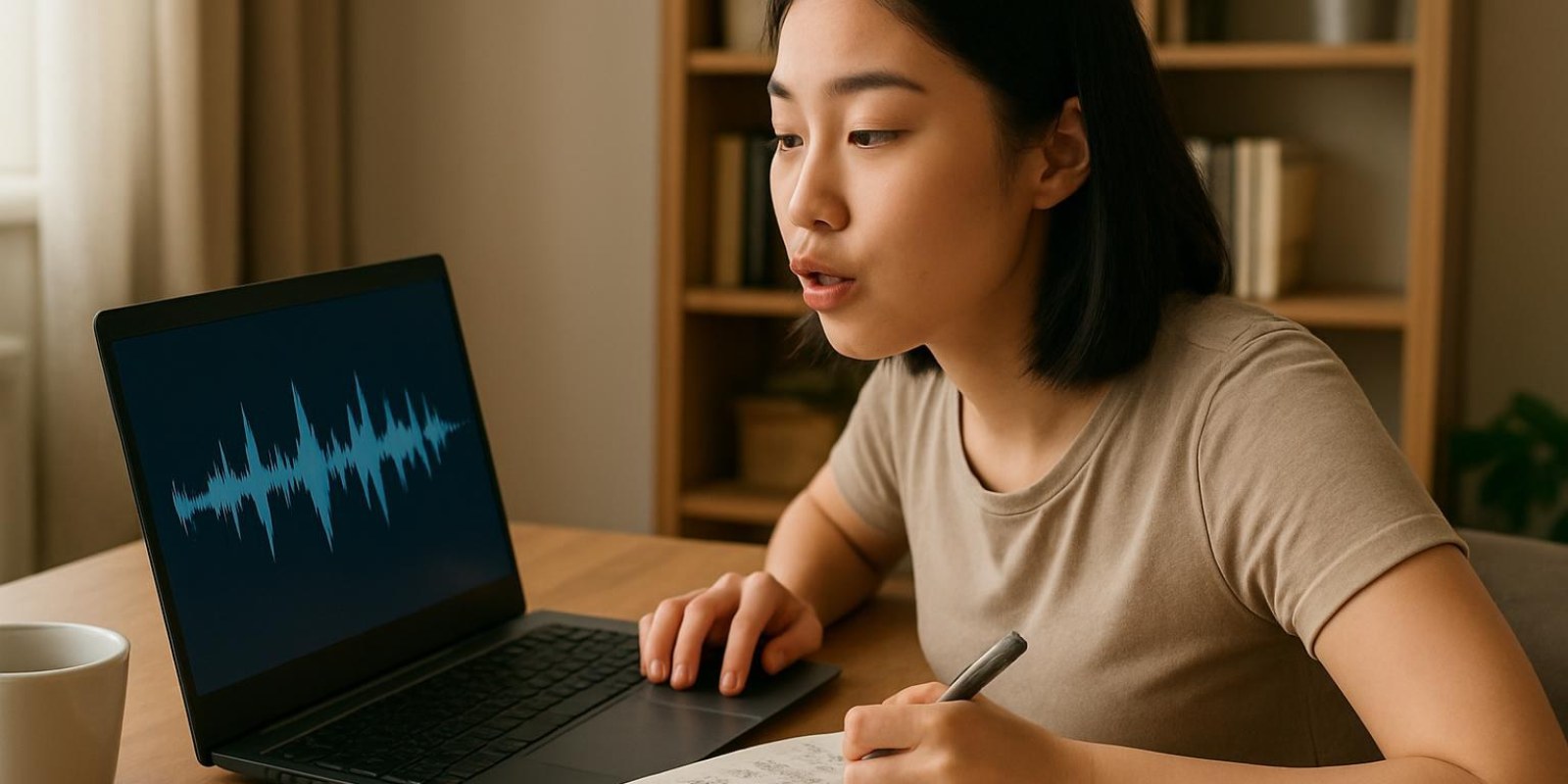 Cách nói xin lỗi tiếng Trung: Hướng dẫn chi tiết từ cơ bản đến thực tế 4 Người học ngồi tại bàn ghi chú, sửa lỗi phát âm tiếng Trung trên laptop