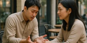 Người nói chuyện hai người tại quán cà phê, một người bày tỏ xin lỗi với thái độ thành khẩn