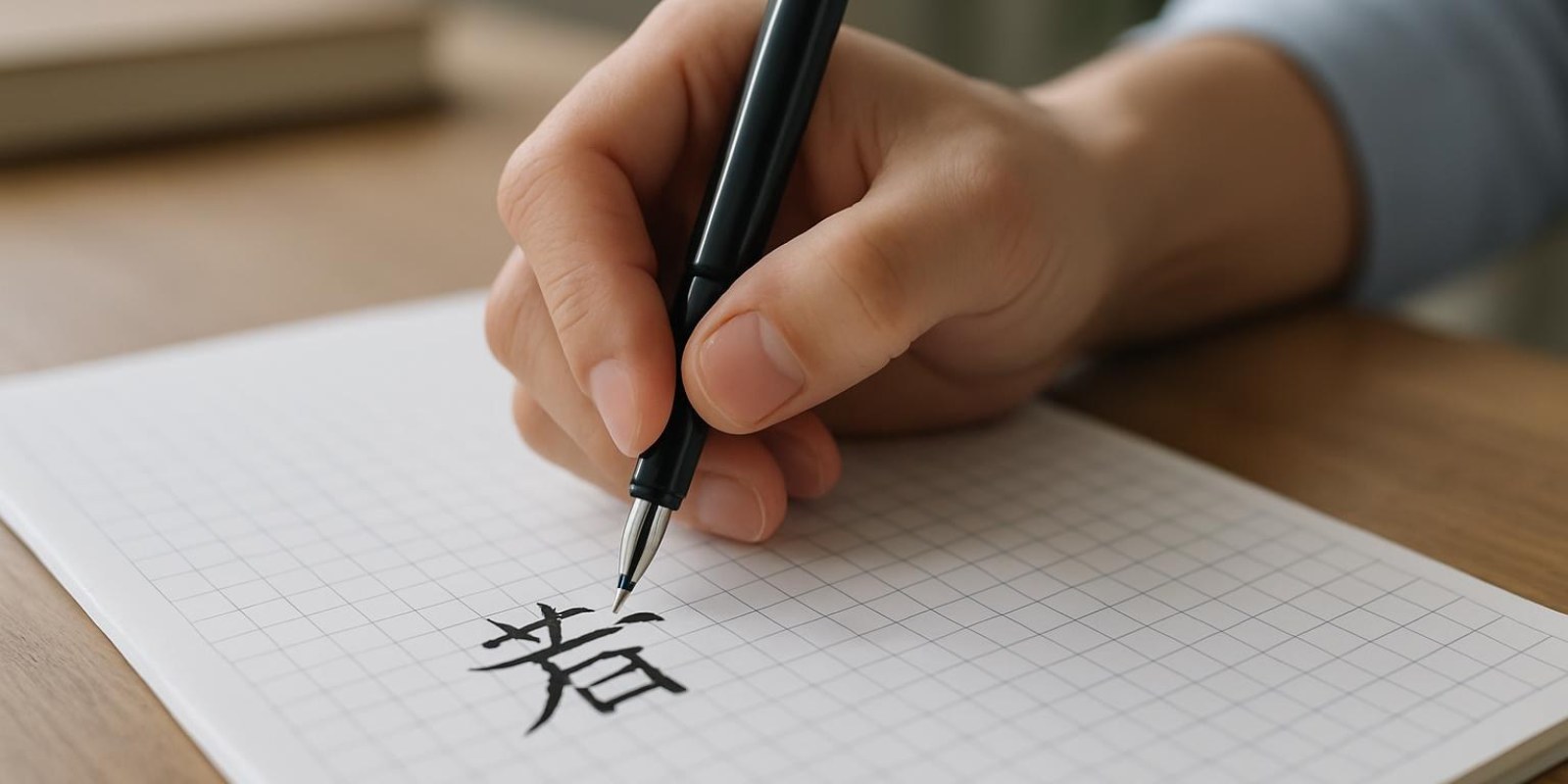 Cận cảnh bàn tay đang viết một chữ Hán trên giấy ô ly, thể hiện thứ tự bút thuận, không có chữ in trên ảnh.