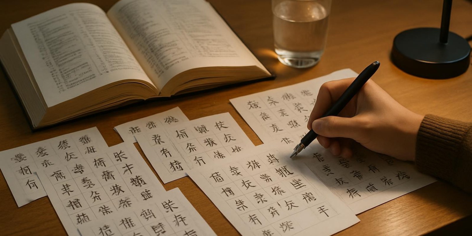 Bàn học với nhiều tờ giấy luyện viết chữ Hán, bút, và sách tham khảo mở, thể hiện môi trường luyện tập.