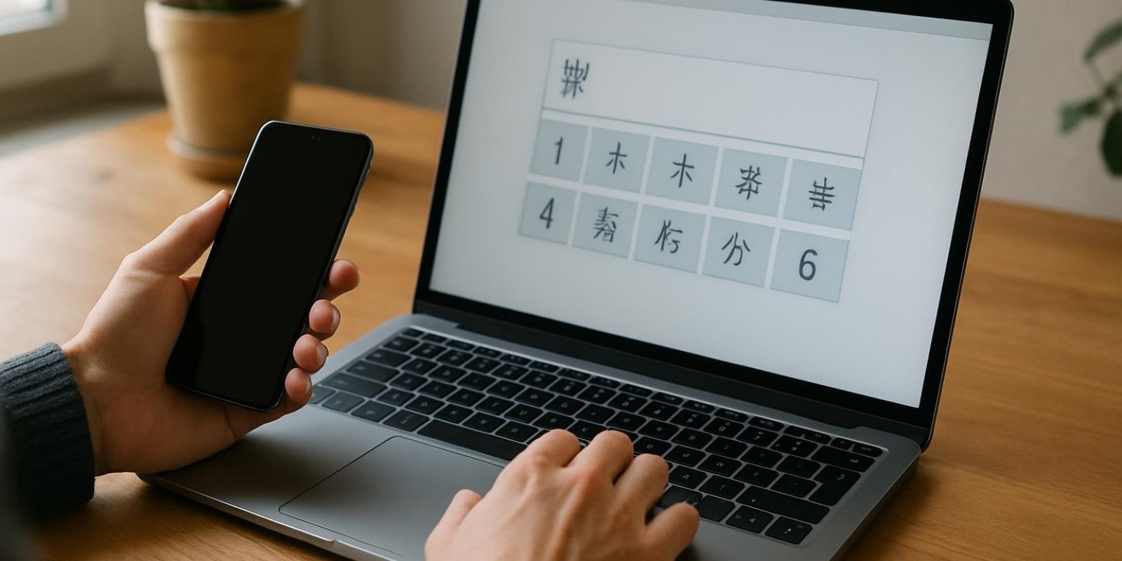 Người dùng đang gõ chữ Hán trên laptop, màn hình hiển thị ô nhập liệu với các gợi ý ký tự (không hiển thị chữ rõ), tay trên bàn phím.