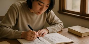 Người học đang ngồi trước bàn, mở sổ ô ly, tập viết chữ Hán bằng bút máy, ánh sáng tự nhiên rọi lên trang giấy.