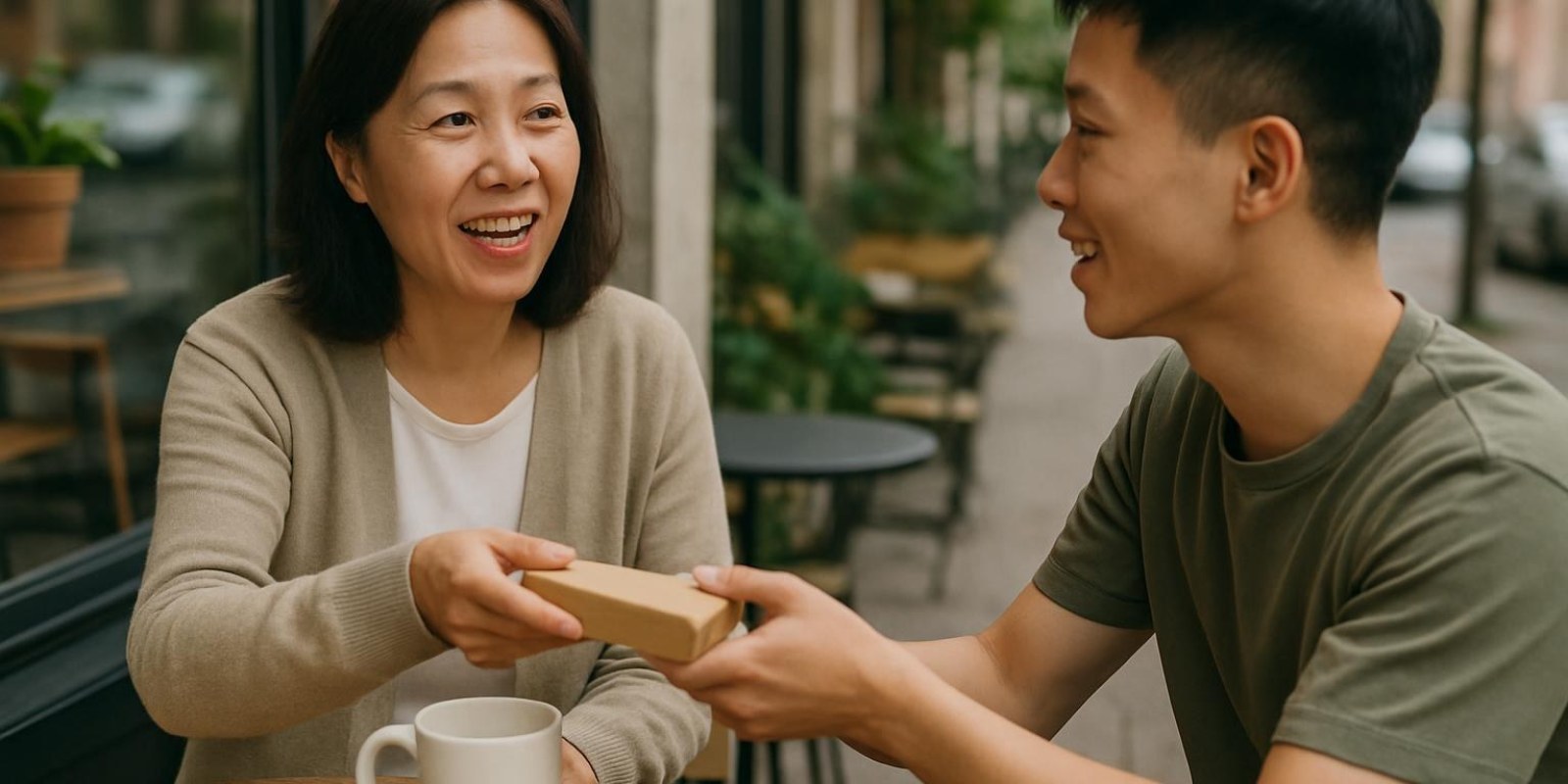 Một người đang nói cảm ơn bằng tiếng Trung với cử chỉ thân thiện, khung cảnh đường phố hoặc quán cà phê