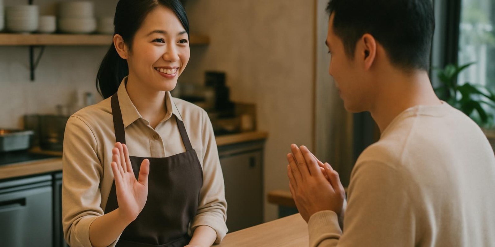 Nhân viên phục vụ mỉm cười đáp lại khách hàng một cách lịch thiệp, khung cảnh nhà hàng hoặc quầy dịch vụ