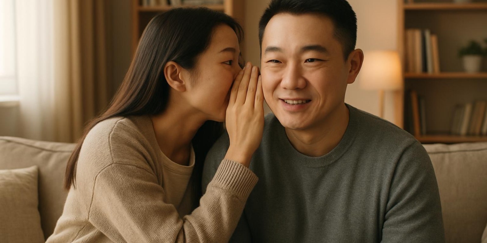 Chồng trong tiếng Trung: cách nói, xưng hô và ví dụ thực tế 2 Trong nhà, người vợ thì thầm gọi chồng, khung cảnh ấm cúng, ánh sáng trong nhà, không chữ trên ảnh