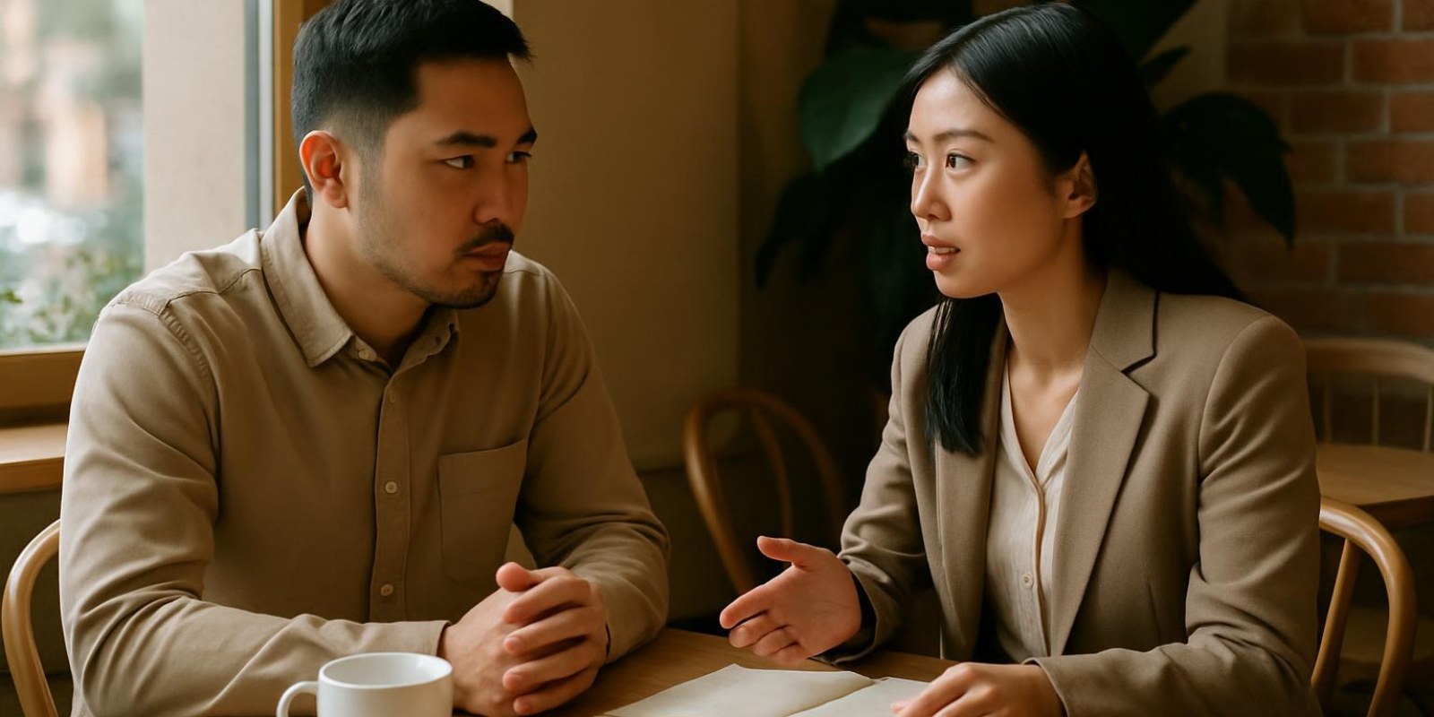 Chồng trong tiếng Trung: cách nói, xưng hô và ví dụ thực tế 4 Hai người đang trò chuyện nghiêm túc tại quán cà phê, biểu cảm thân mật và lịch sự, không chữ trên ảnh