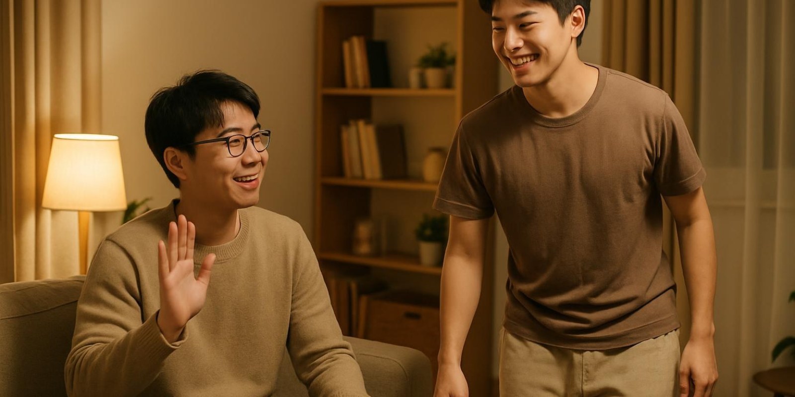 Hai người bạn trẻ cười nói trước khi tạm biệt và đi ngủ, bối cảnh gia đình, thân mật