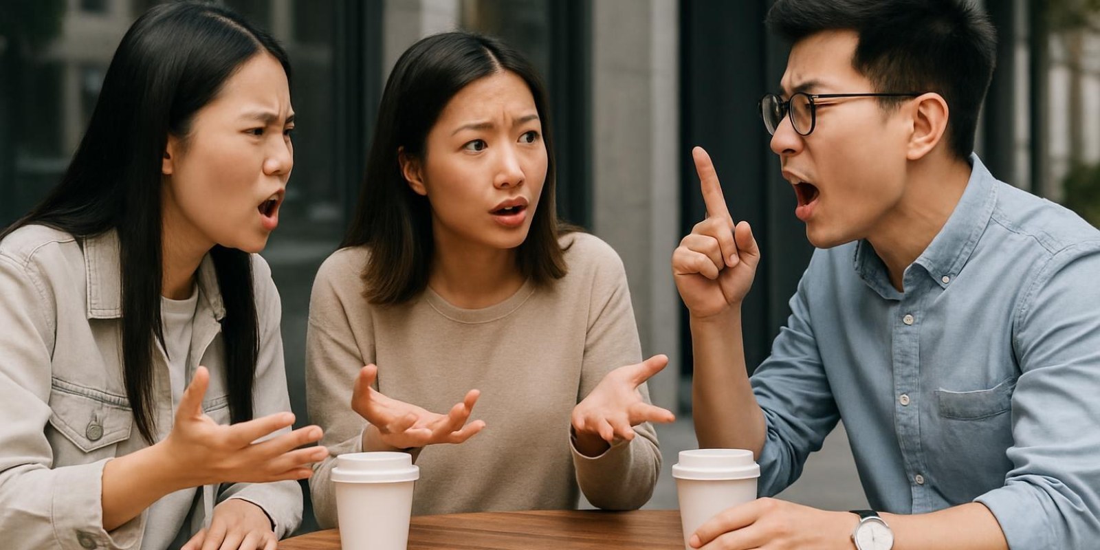 Chửi thề tiếng Trung - Hướng dẫn đầy đủ và an toàn 2 Một nhóm bạn trẻ thảo luận sôi nổi quanh bàn cà phê, biểu cảm mạnh mẽ nhưng không có chữ trên hình