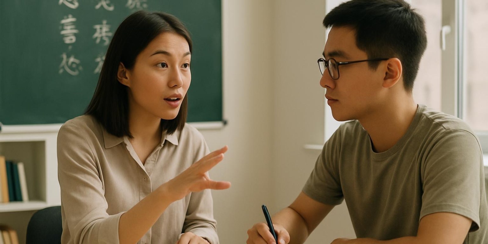 Chửi thề tiếng Trung - Hướng dẫn đầy đủ và an toàn 3 Cặp đôi trao đổi nghiêm túc trong lớp học, một người đang giải thích bằng cử chỉ tay, không có chữ trên hình