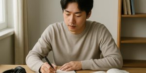 Người học ngồi tại bàn với sổ tay, tai nghe và một cuốn từ điển tiếng Trung cạnh tay, ánh sáng tự nhiên, phong cách đời thường