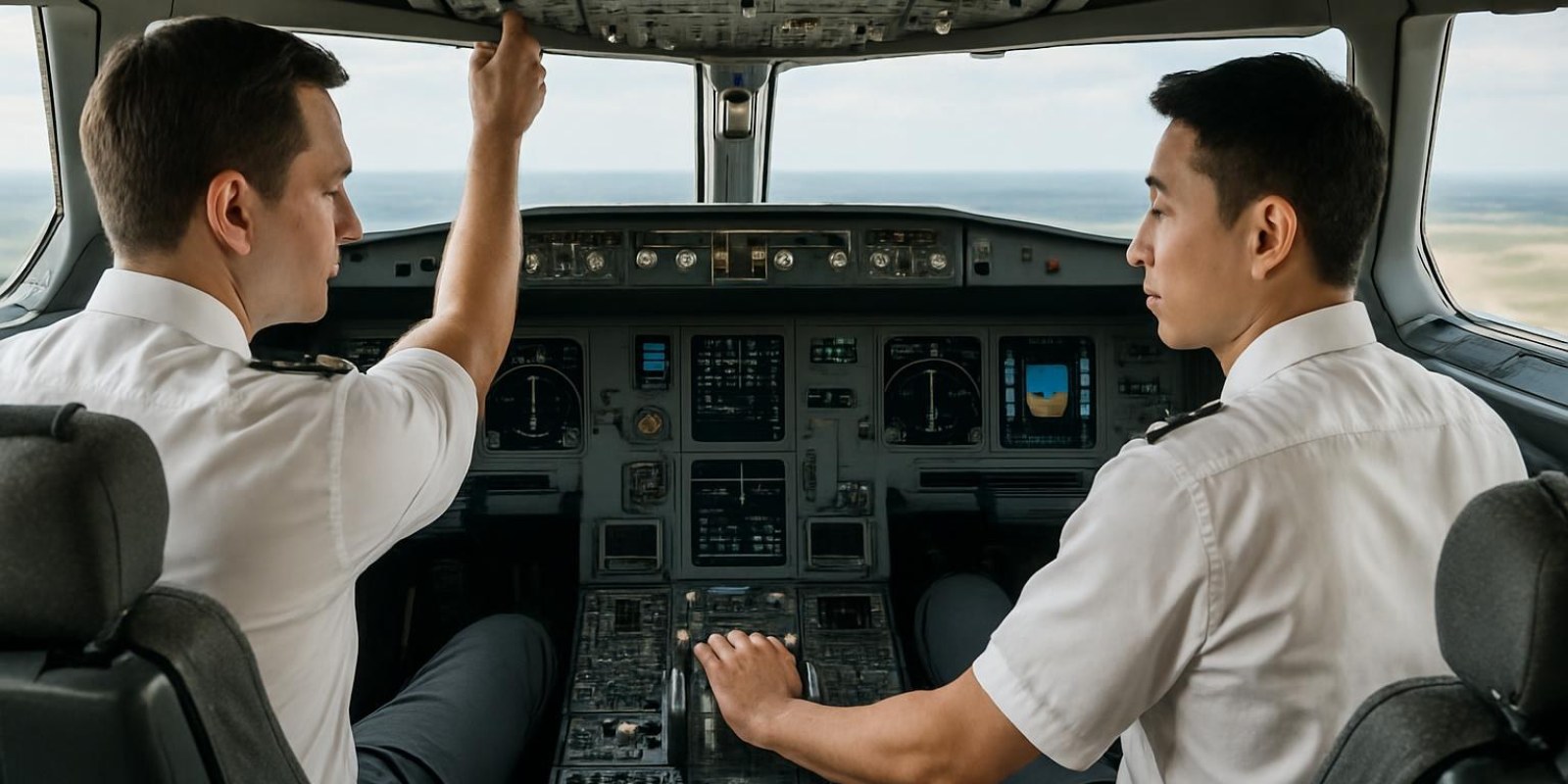 Buồng lái máy bay với bảng điều khiển và ghế phi công, ánh sáng làm nổi bật các thiết bị