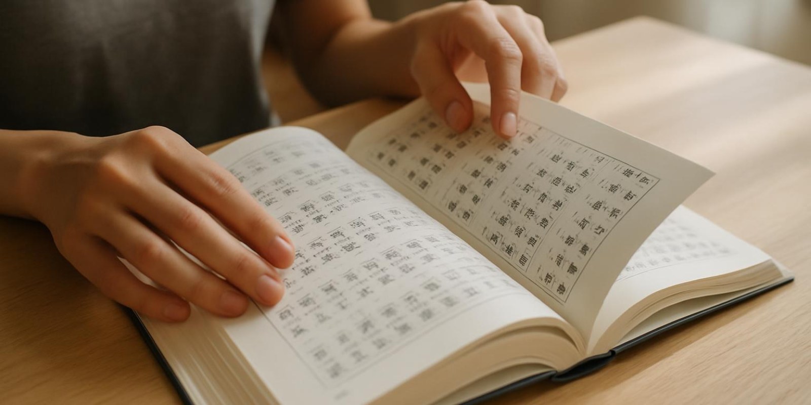 Đọc tiếng trung: hướng dẫn tra nghĩa, kỹ thuật và lộ trình luyện đọc 2 Close-up of hands turning pages of a Chinese character textbook, natural environment, no visible printed text