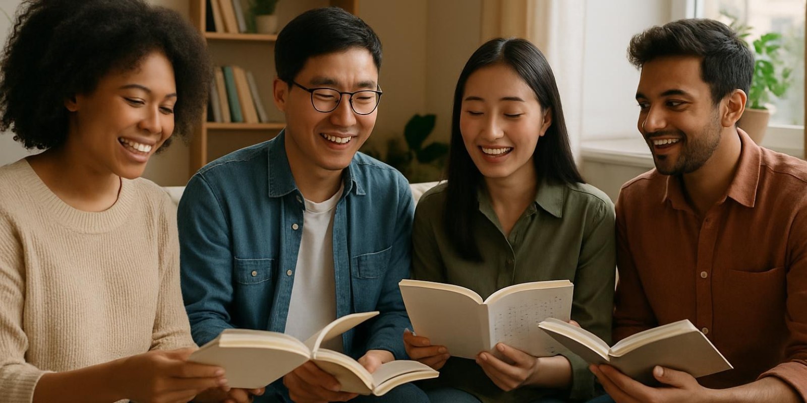 Đọc tiếng trung: hướng dẫn tra nghĩa, kỹ thuật và lộ trình luyện đọc 3 A small study group practicing reading aloud in a cozy room, natural expressions, no text or signage