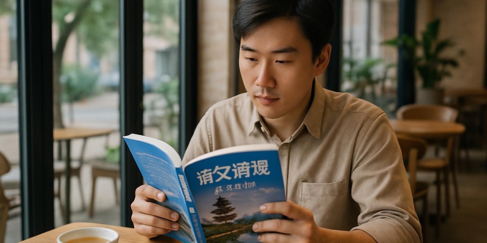Đọc tiếng trung: hướng dẫn tra nghĩa, kỹ thuật và lộ trình luyện đọc 4 Person reading a Chinese travel guide at a café table with a cup of tea, natural scene without text elements
