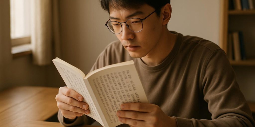 Đọc tiếng trung: hướng dẫn tra nghĩa, kỹ thuật và lộ trình luyện đọc 1 A focused student sitting at a wooden desk reading a Chinese book, soft natural light, no text or logos visible