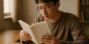 A focused student sitting at a wooden desk reading a Chinese book, soft natural light, no text or logos visible