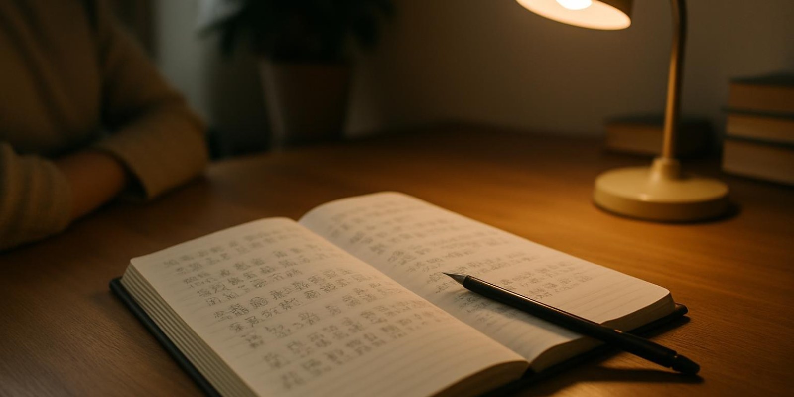 Ngủ ngon tiếng trung: cách nói, ví dụ và lưu ý khi sử dụng 4 Một cuốn sổ ghi chú với bút đặt trên đó, có dòng chú thích tay về ngôn ngữ, ánh sáng ấm áp