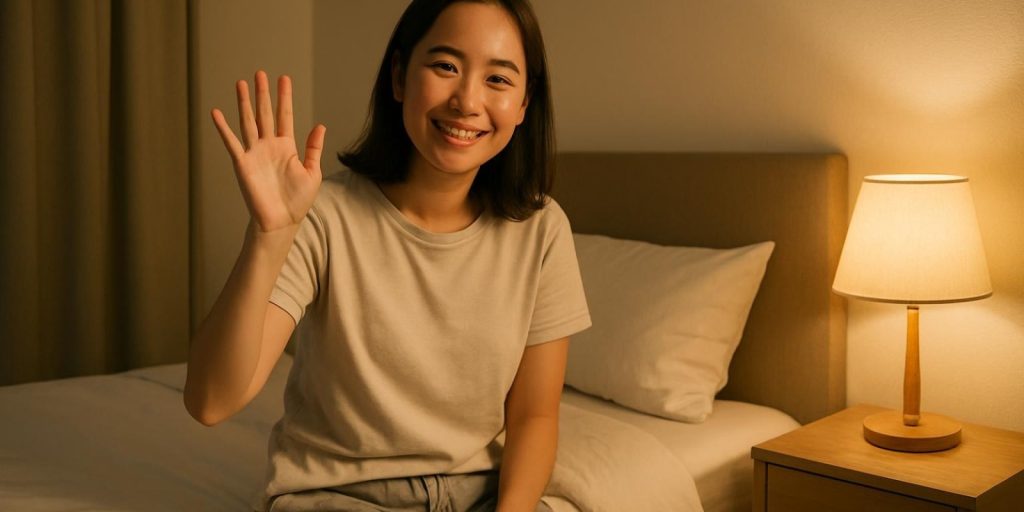 Ngủ ngon tiếng trung: cách nói, ví dụ và lưu ý khi sử dụng 1 Một người ngồi bên giường, ánh đèn dịu, đang vẫy tay chào và mỉm cười trước khi đi ngủ