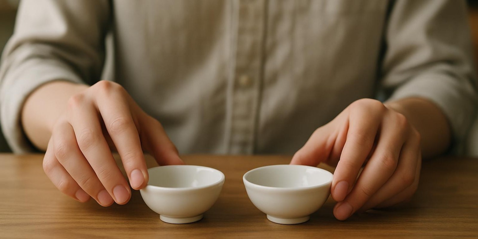 Cận cảnh hai bàn tay đang đặt hai chiếc bát sứ nhỏ trên bàn để minh họa việc đếm đồ vật; nền mờ, không có chữ hoặc logo