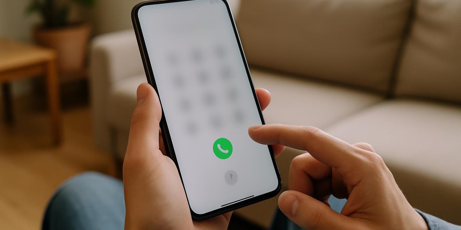 Người đang cầm smartphone với màn hình mờ, tay ấn biểu tượng gọi, khung cảnh giao tiếp hàng ngày, không hiển thị chữ số rõ ràng trên màn hình