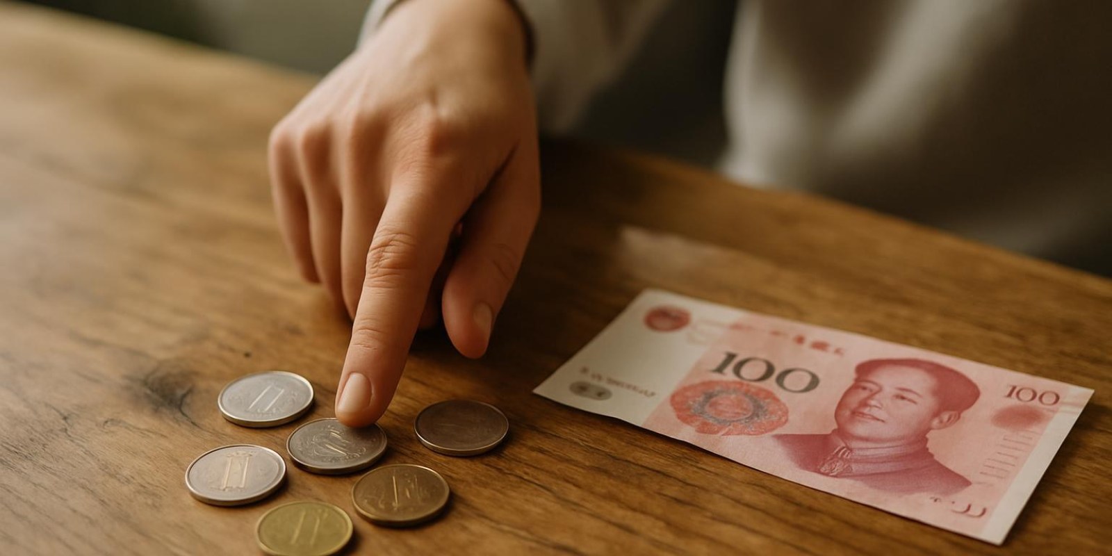 Bàn tính tiền mặt với vài đồng xu và tờ tiền đặt gần nhau, người dùng đang chỉ vào một đống đồng xu để thảo luận về giá cả; không có chữ hoặc logo