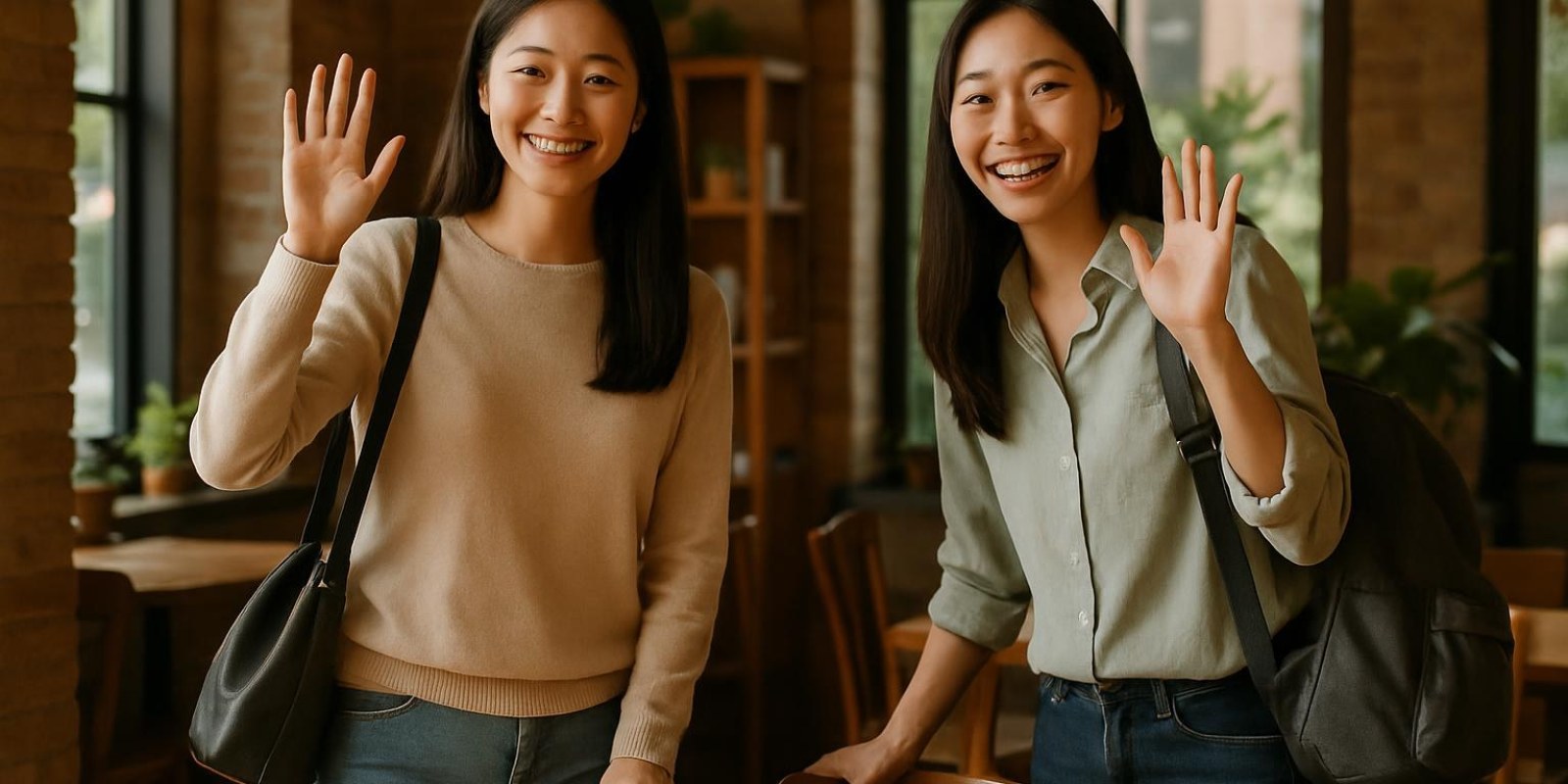 Tạm biệt tiếng Trung: Hướng dẫn cách nói, ngữ cảnh và ví dụ thực tế 3 Hai người bạn ngồi ở quán cà phê, đứng dậy chuẩn bị ra về và vẫy tay chào nhau, khung cảnh ấm áp