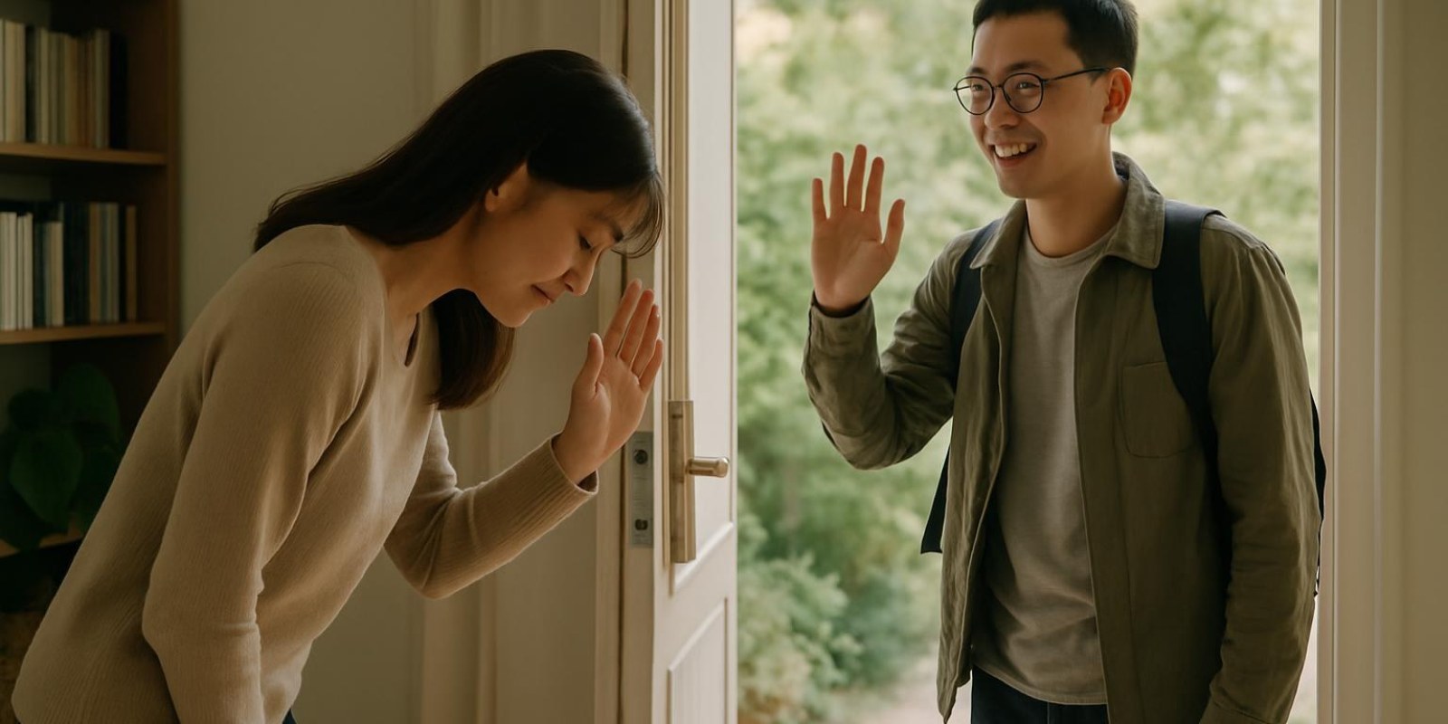 Tạm biệt tiếng Trung: Hướng dẫn cách nói, ngữ cảnh và ví dụ thực tế 4 Chủ nhà đứng ở cửa tiễn khách, có cử chỉ cúi nhẹ đầu và vẫy tay, khung cảnh nhà ấm cúng
