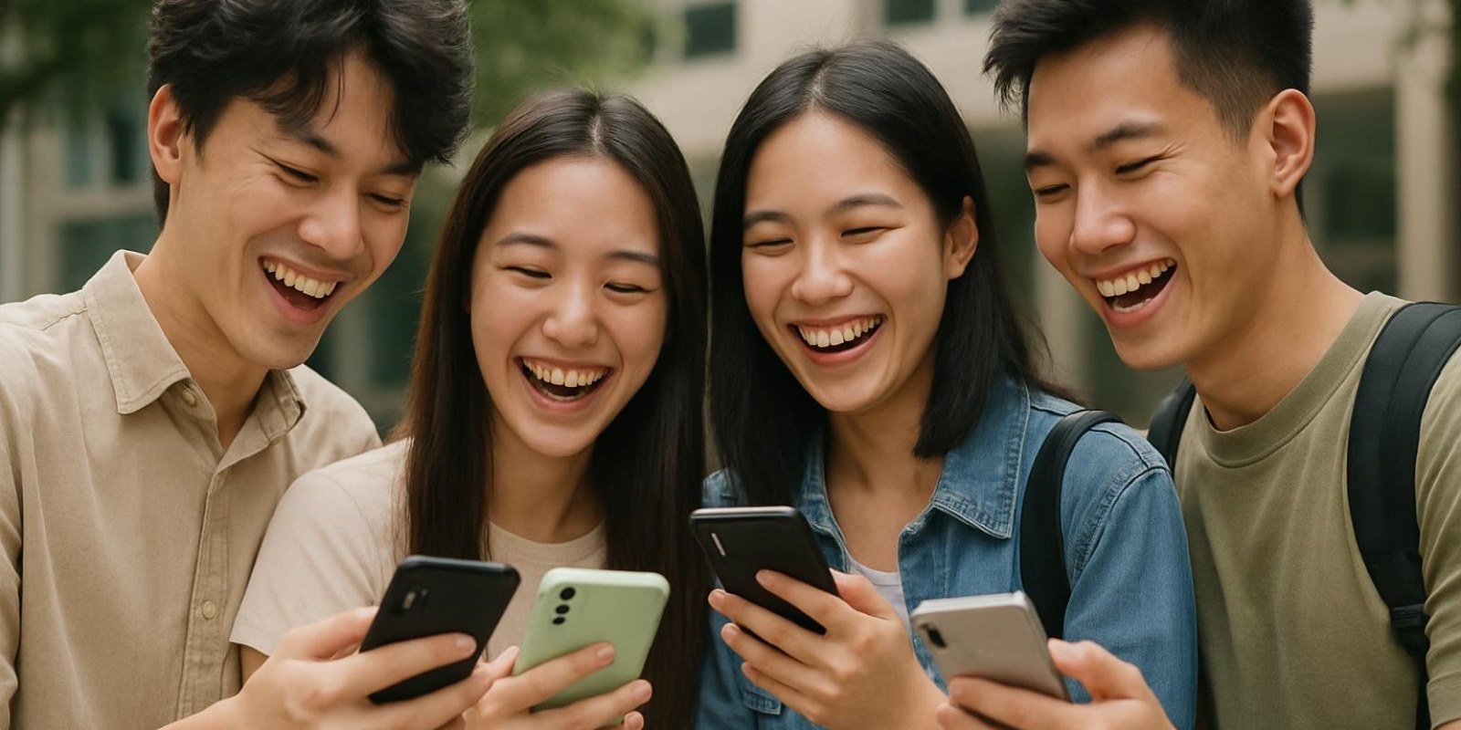 Tạm biệt tiếng Trung: Hướng dẫn cách nói, ngữ cảnh và ví dụ thực tế 2 Một nhóm bạn trẻ đang nhắn tin và cười, điện thoại trên tay hiển thị màn hình nhắn tin (no visible text), phong cách đời thường