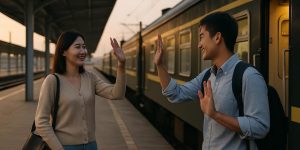Hai người vẫy tay chào tạm biệt nhau ở ga tàu vào chiều muộn, ánh sáng tự nhiên, trang phục hàng ngày