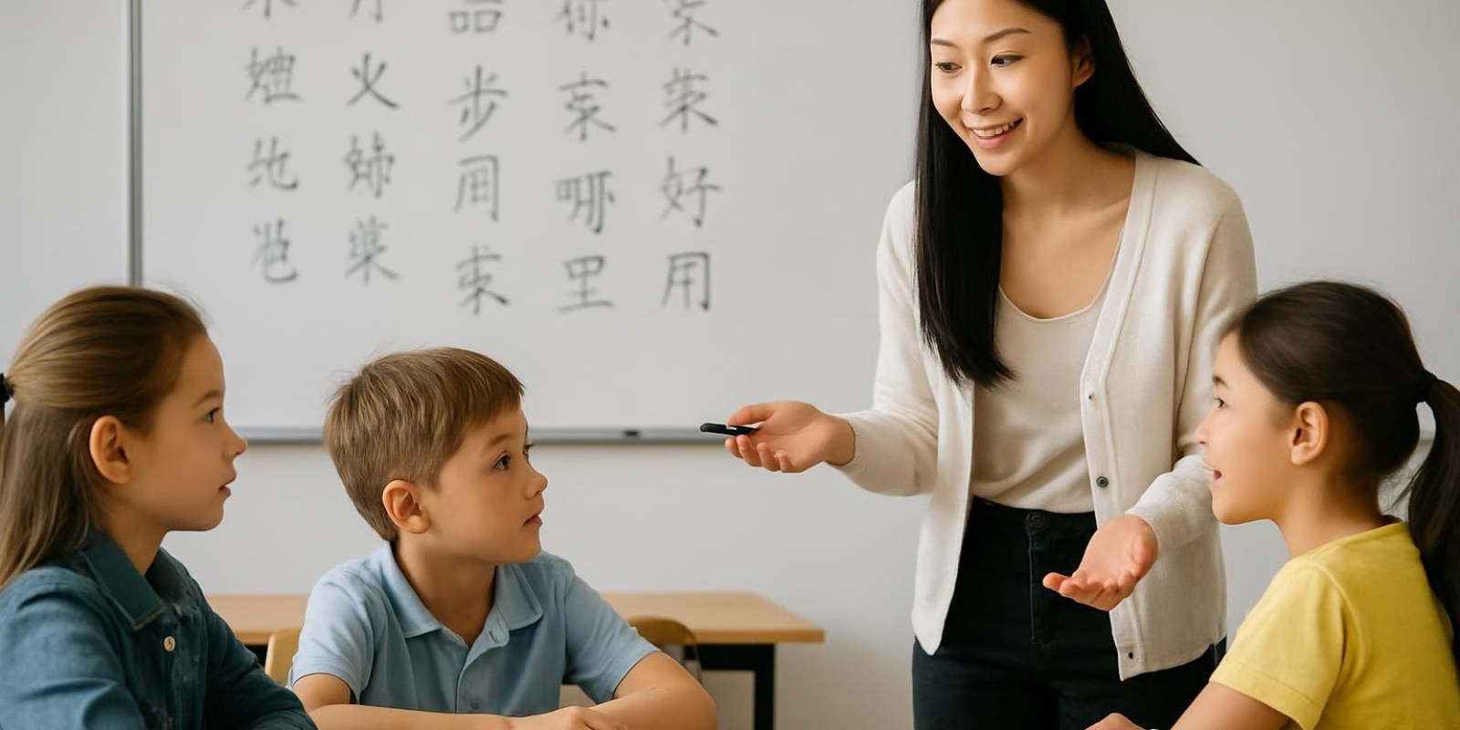 Giáo viên đang hướng dẫn nhóm học sinh nhỏ tuổi trong lớp học tiếng Trung, bảng chữ Hán trên tường mờ