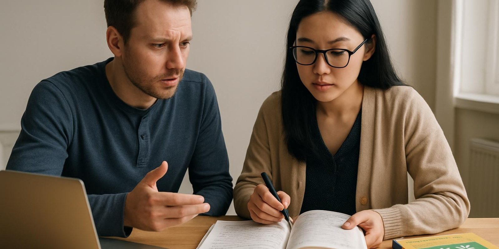 Hai học viên lớn tuổi thảo luận trước sách và máy tính, biểu hiện nghiêm túc khi chuẩn bị chứng chỉ tiếng Trung