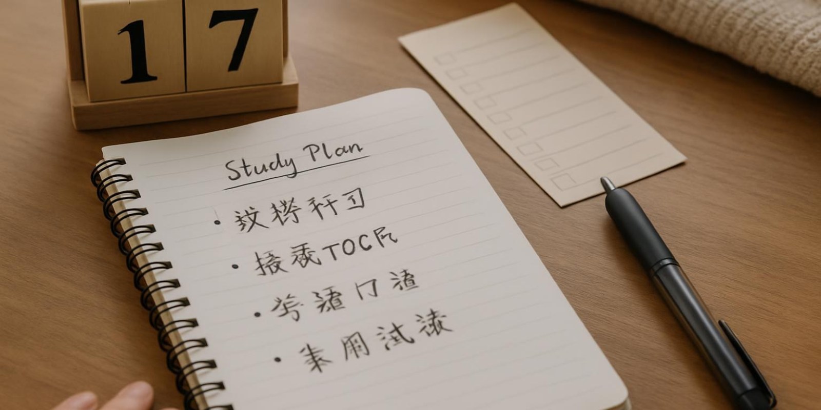 Bảng kế hoạch ôn luyện viết tay với lịch trình, bút và cuốn sổ mở trên bàn, góc chụp gần