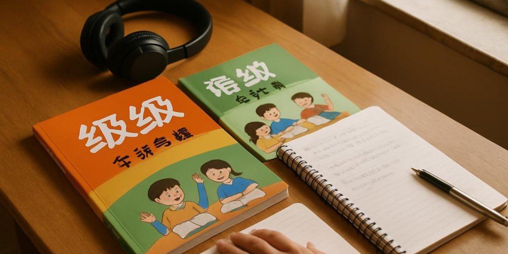 Bộ sách tiếng Trung, tai nghe, và sổ ghi chú trên bàn học gỗ, ánh sáng tự nhiên từ cửa sổ