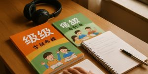 Bộ sách tiếng Trung, tai nghe, và sổ ghi chú trên bàn học gỗ, ánh sáng tự nhiên từ cửa sổ