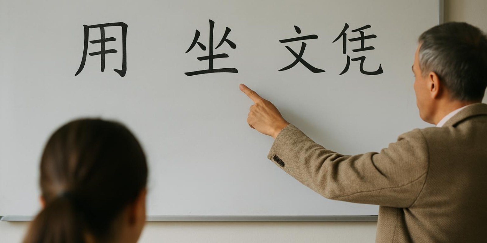 Hướng dẫn tra nghĩa "bằng" tiếng Trung: cách dịch, ví dụ và ứng dụng thực tiễn 2 Một bảng trắng với từ vựng tiếng Trung viết bằng bút, ví dụ các từ như 用, 坐, 文凭 được viết rõ ràng trên bảng