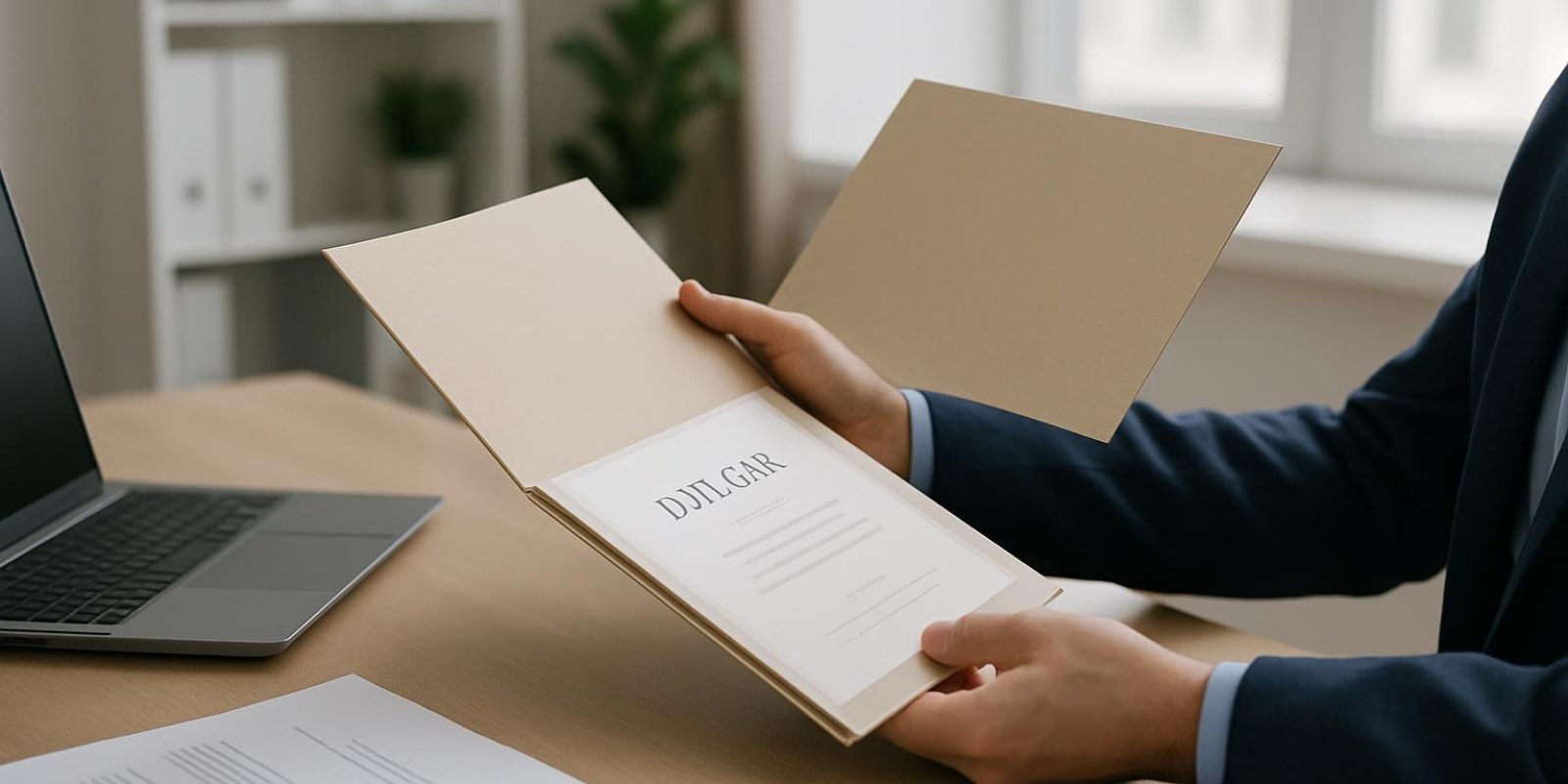 Hướng dẫn tra nghĩa "bằng" tiếng Trung: cách dịch, ví dụ và ứng dụng thực tiễn 3 Một người đang cầm hồ sơ bằng cấp mở ra, thấy cạnh hồ sơ có dấu bìa nhưng không có chữ, ánh sáng trong văn phòng