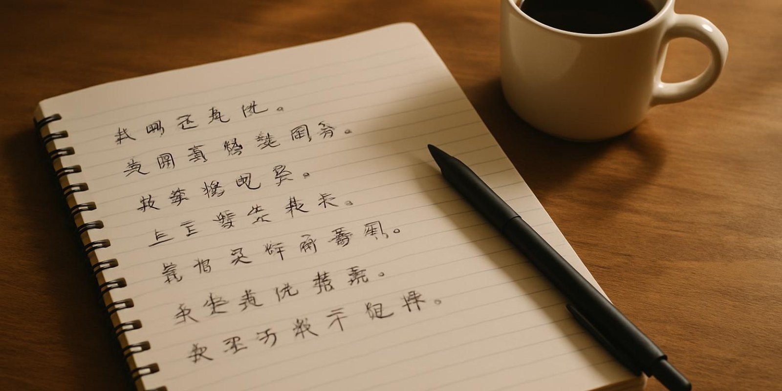 Hướng dẫn tra nghĩa "bằng" tiếng Trung: cách dịch, ví dụ và ứng dụng thực tiễn 4 Một bàn học với vở mở, bút, và một tách cà phê, bài tập viết tay về tiếng Trung trên trang vở