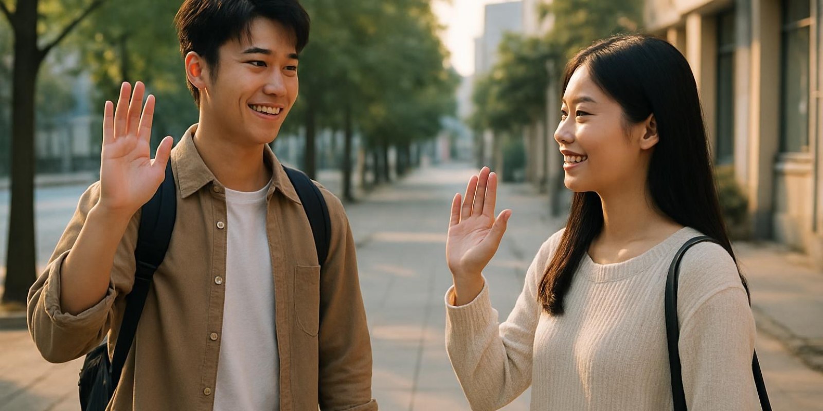 Chào buổi sáng tiếng Trung: Cách nói, phát âm và ví dụ thực tế 3 Hai người bạn trẻ gật đầu chào nhau sáng sớm trên vỉa hè thành phố, trang phục đời thường, cảnh tự nhiên