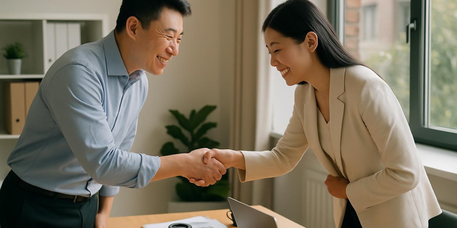 Chào buổi sáng tiếng Trung: Cách nói, phát âm và ví dụ thực tế 4 Hai đồng nghiệp văn phòng chào nhau trước bàn làm việc vào buổi sáng, môi trường văn phòng sáng sủa