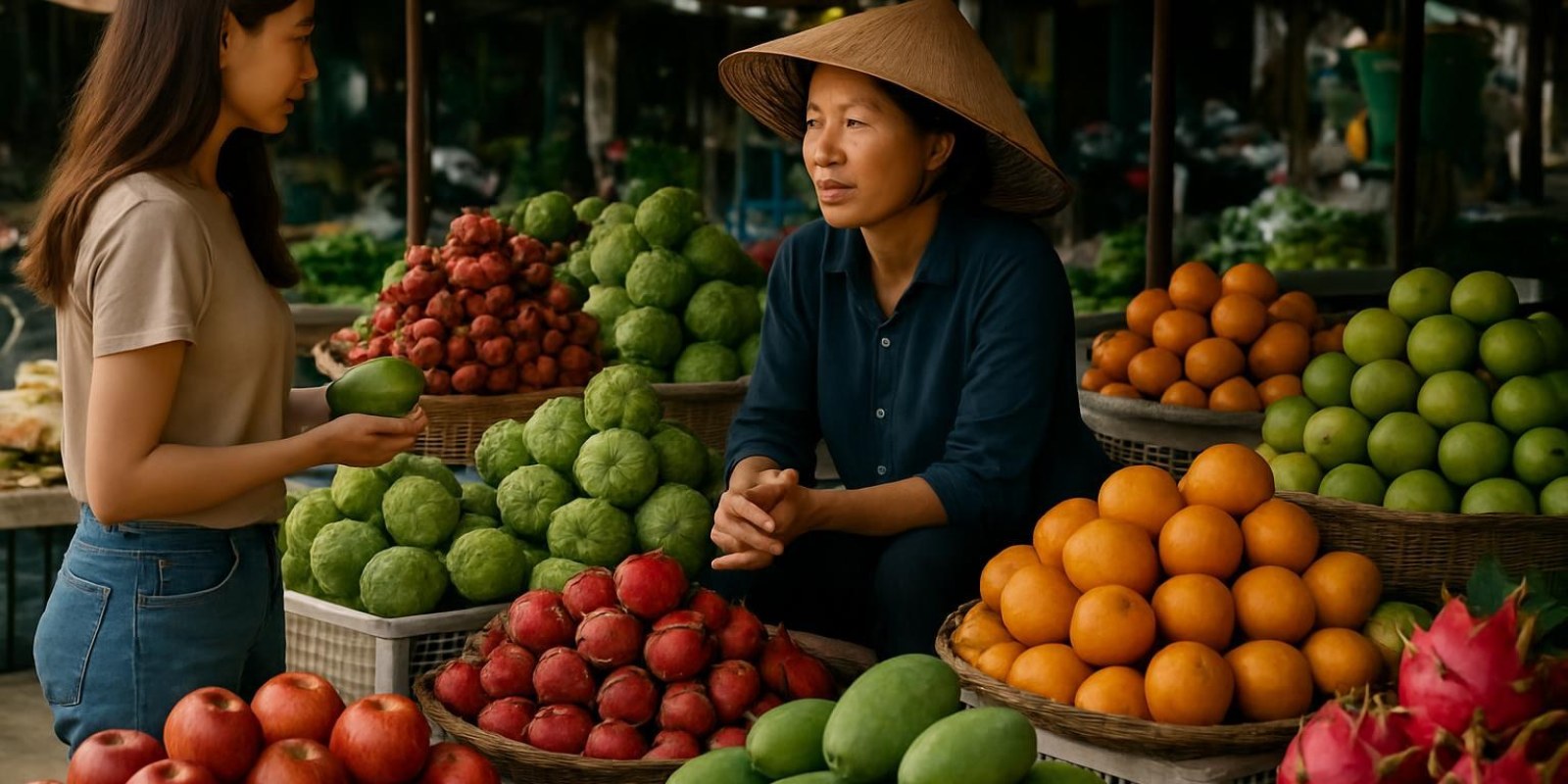 Việt Nam tiếng Trung là gì? Giải nghĩa, phát âm, cách dùng và ví dụ thực tế 3 Chợ địa phương Việt Nam với sạp hàng hoa quả tươi và tấm vải che nắng, cảnh không có chữ, không logo