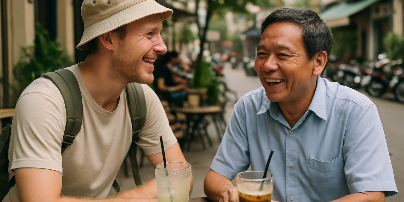 Việt Nam tiếng Trung là gì? Giải nghĩa, phát âm, cách dùng và ví dụ thực tế 4 Khách du lịch nói chuyện với người địa phương ở một quán cà phê ngoài trời, gương mặt thân thiện, không có chữ trên ảnh