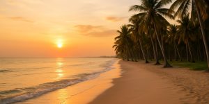 Cảnh bờ biển Việt Nam với ánh nắng hoàng hôn và dải cát mịn, hàng dừa thẳng tắp, nhìn tự nhiên, không chữ