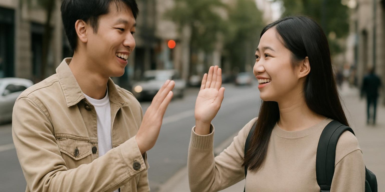 Xin chào tiếng Trung: Hướng dẫn đầy đủ từ cơ bản đến ứng dụng 2 Hai người trao đổi lời chào thân mật trên phố
